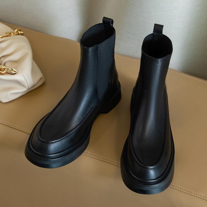 Fashion Hot Genuine Leather Women's Boots Retro British Style Slip-On Chelsea Boots Fashion Ankle Boots Round Toe Flat with Women Shoes