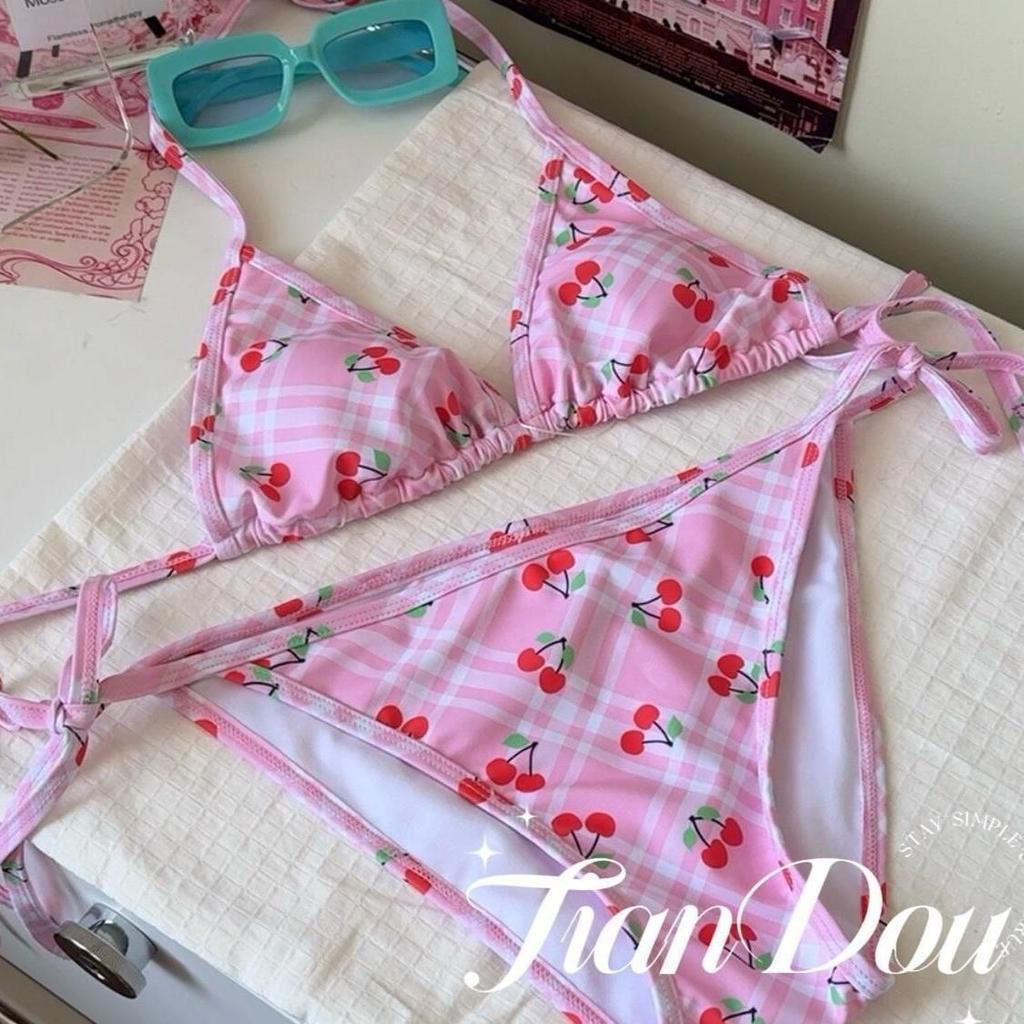 Sweet Girl Sexy Pure Desire Small Chest Cherry Strap Bikini Long Sleeve Blouse Split Seaside Vacation Swimsuit