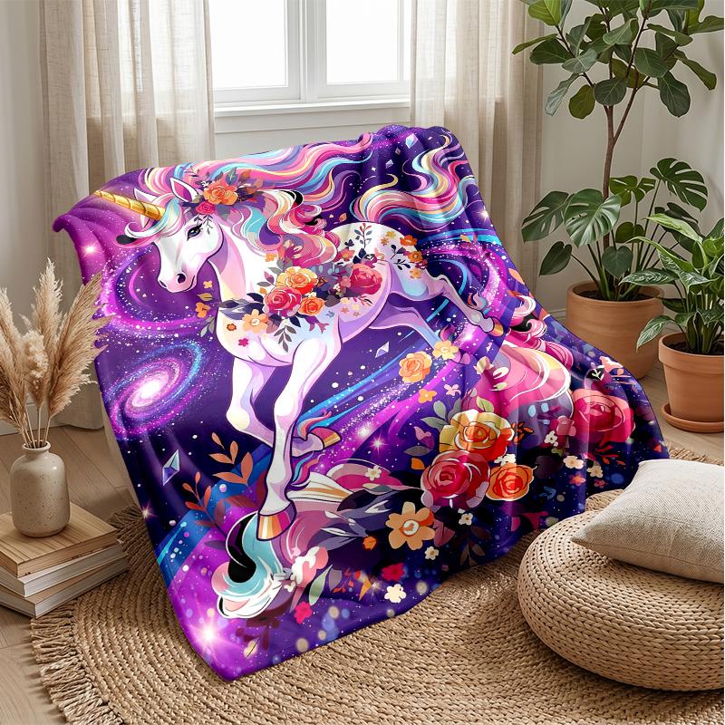 Rainbow Unicorn In Galaxy Theme Blanket Lightweight Warm Flannel Blanket Decorative Throw Blanket for Home Decoration