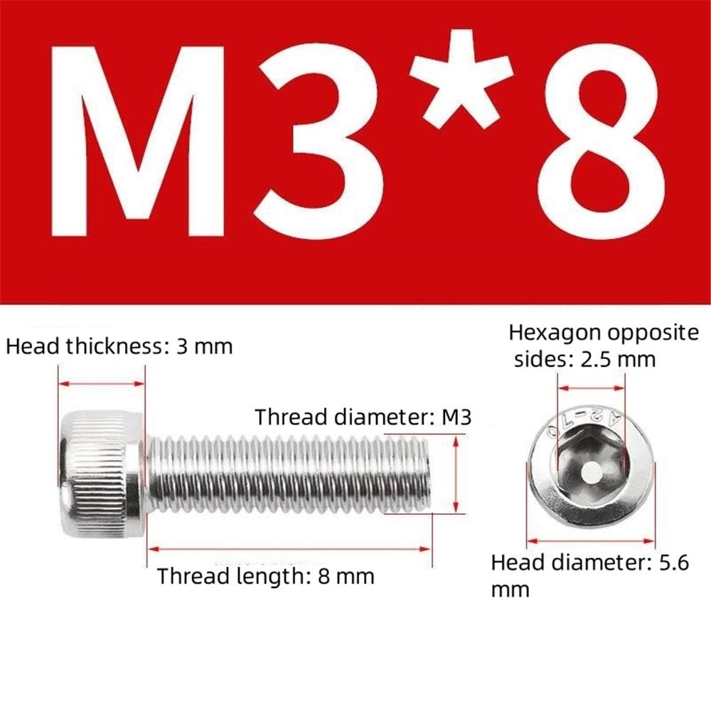 50 Pcs M3 x 8 mm hexagon socket screws, 304 stainless steel hexagon socket drive machine screws