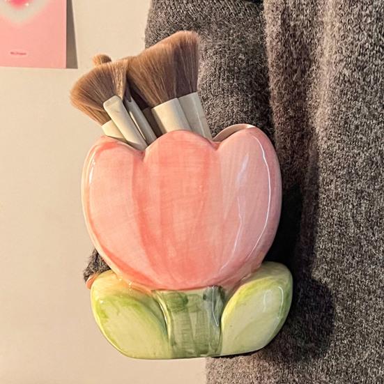 Ceramic Flower Pen Holder Cute Desk Office Storage Box Stationery Shelf Multifunctional Aesthetic Desktop Organizer for Makeup Tools Rulers Brushes