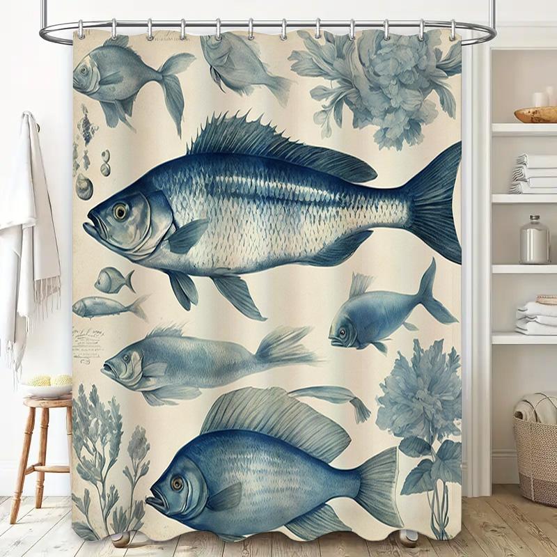 Classic Fish Print Shower Curtain Luxury Blue Flower Design for Bathrooms Decor Waterproof Fabric Home Accessories in White Dark