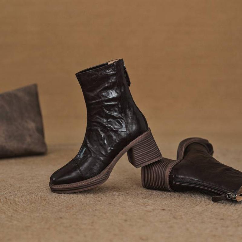 

Осень и Зима Женские Кожаные Рыцарские Сапоги Однотонные Большого Размера На Высоком Каблуке Женские Сапоги Универсальные Овчина Резиновая Подошва Полусапоги Женские 40