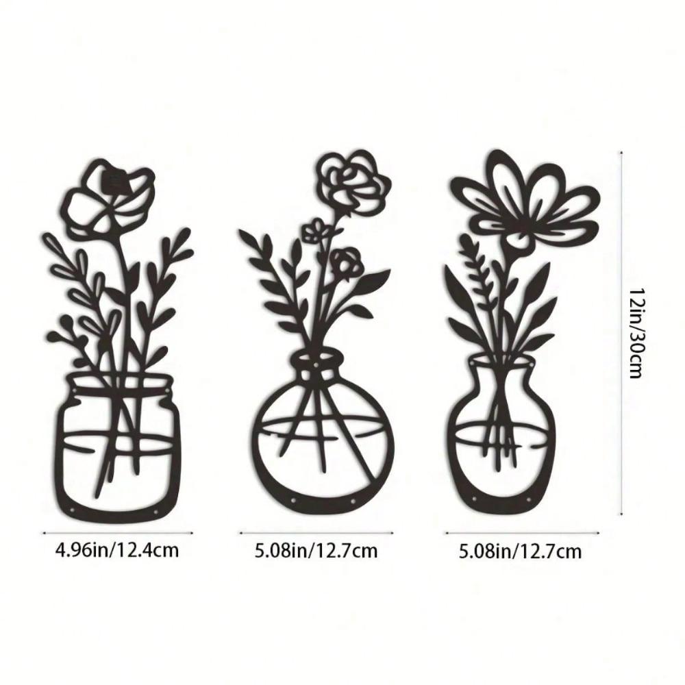 1/3pcs Black Metal Flower Vase Wall Art Modern Home Decor for Living Room Bedroom