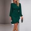 Elegant Womens Slim Fit Solid Color O Neck Dress with Bubble Sleeves Ruffles and Pleated Design