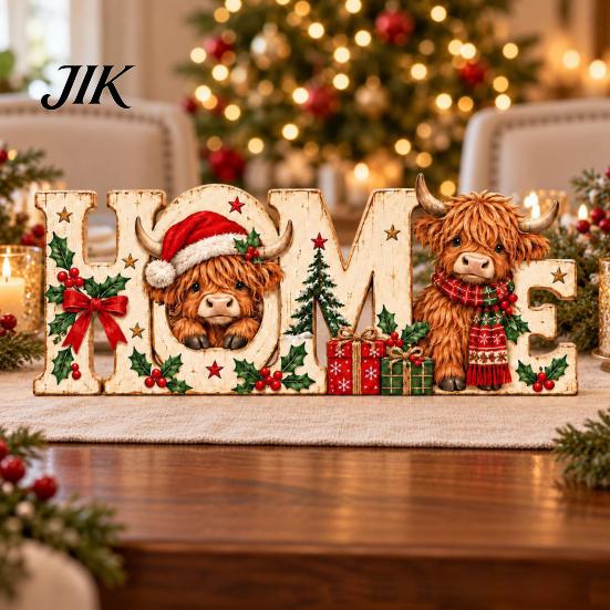 Standing Wooden Signs for Entryways Highland Cow Home Ornament, 2D Tabletop Sign, Rustic Tiered Tray Christmas Decorations Festive Centerpiece Mantel