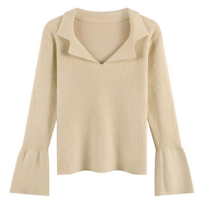 Polo Collar Knitted Sweater for Women's Early Autumn New Style Pullover, Versatile Base Layer, Slimming and Figure-hugging Flared Sleeve Top