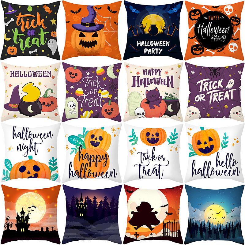Home Cartoon Pumpkin Head Halloween Pillow Cover Peach Velvet Cushion Cover Office Sofa Cushion Cover