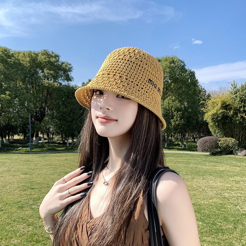 Новая летняя соломенная плетеная защита от солнца модная шляпа-котелок пасторальный стиль ажурная плетеная вышитая буква шляпа-ведро шляпа от солнца