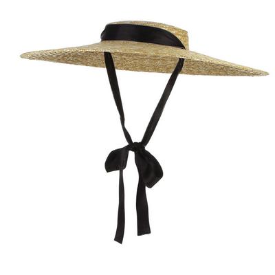 Zomer Grote Natuurlijke Tarwestro Hoeden Voor Vrouwen Handgemaakte Brede Rand Strand Vizier Caps Elegante Platte Top Lange Band Kant-up Zonbescherming Hoed