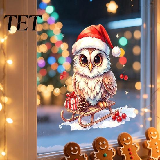 Creative Christmas Party Supplies Owl Window Static Cling Decal, Waterproof PVC Decorative Sticker, Easy Clings Apply Sticker for Home Store