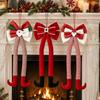 Red Sequin Bow Hanging Christmas Tree Ornaments with Long Legs for Fireplace Decoration