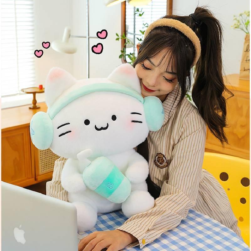 Toys Plush Cat Headset Milky Tea Cartoon Animals Fill Doll Xmas Garnish Gifts