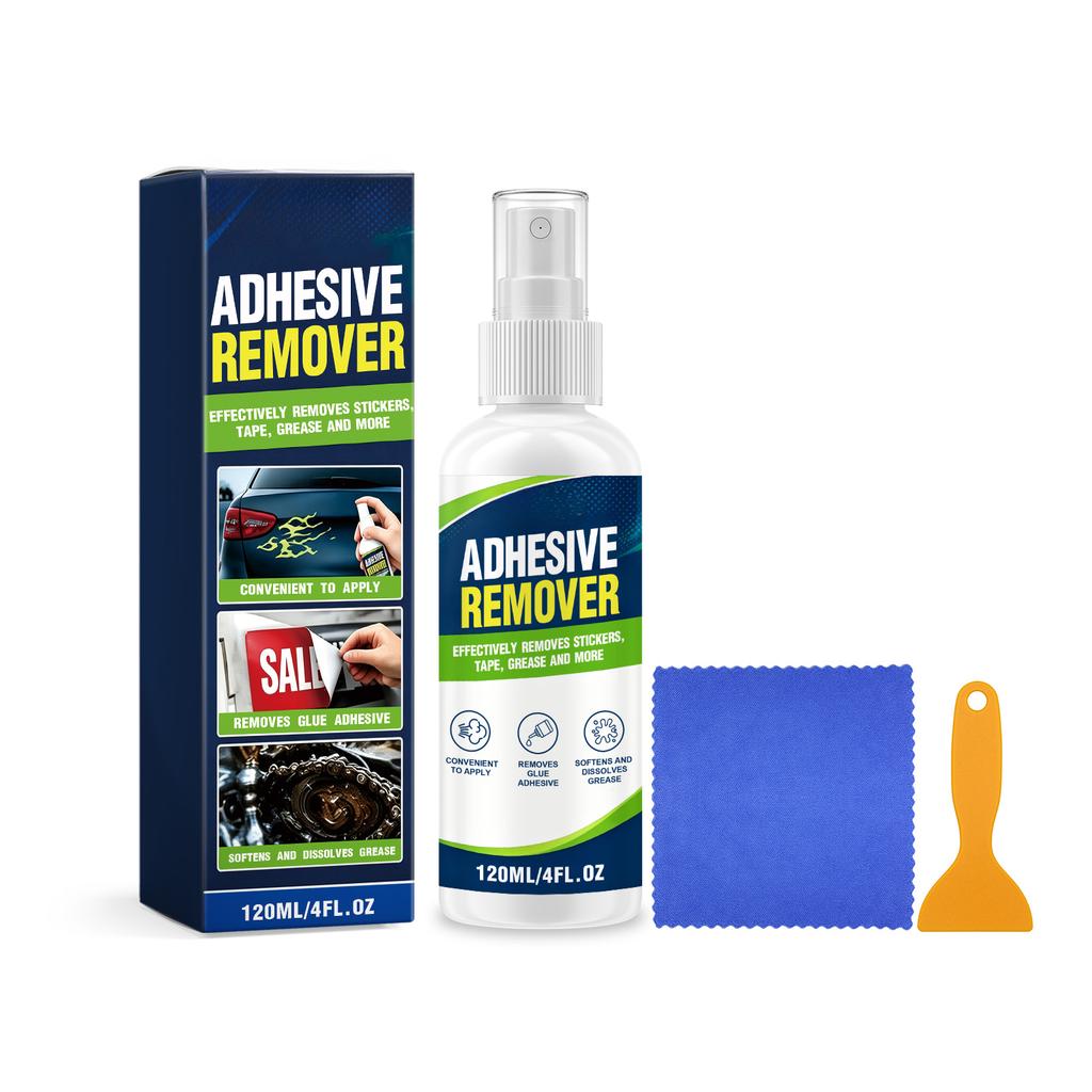 Klebstoffentferner-Set für Aufkleber Etiketten Klebeband Enthält 120ml Sprühflasche Kunststoffschaber Reinigungstuch für Mehrere Oberflächen