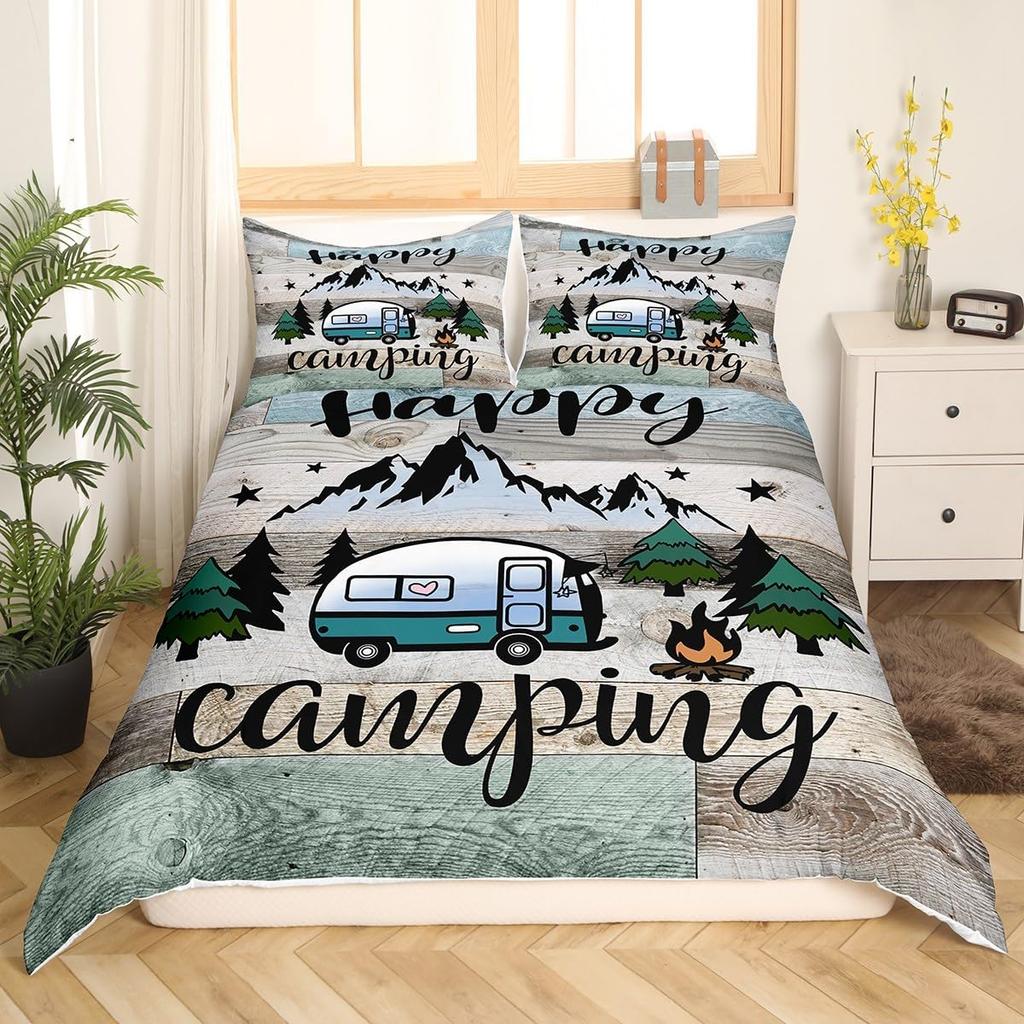 Erosebridal Kids Camping Bedding Set Twin Size Happy Camping Comforter Cover for Boys Girls Western Rustic Farmhouse Style Duvet Cover Vinta