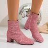 Botas Calientes Mujer Tacón Grueso Punta Fina Brillantes Moda Casual Cremallera Lateral Color Sólido Ropa Exterior Tobillo Botas Planas Mujer