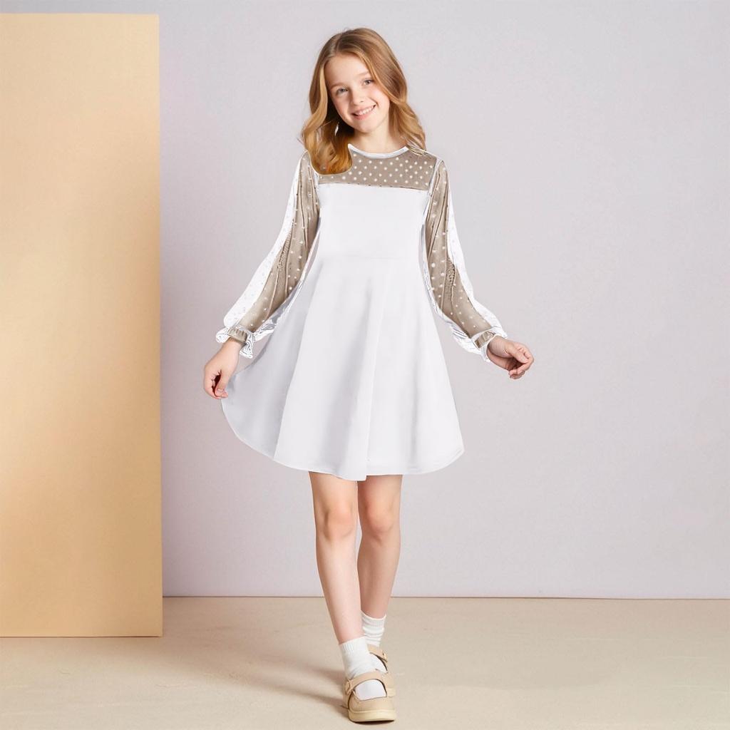 CUHK Mädchen Spitze Langarm Farbe Niedliches Prinzessinnenkleid