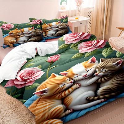 3pcs Minimalist Modern Art Style 3D Floral Kitten Pattern Duvet Cover Set, 1 * Duvet Cover + 2 Pillowcases, No Insert Included