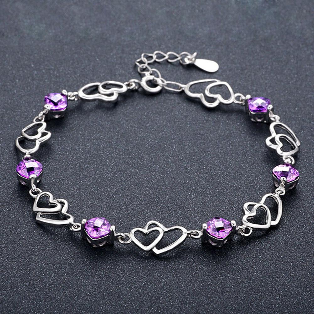 Weihua Women's Silver-Plated Double Heart Amethyst Bracelet - Korean Style Jewelry.