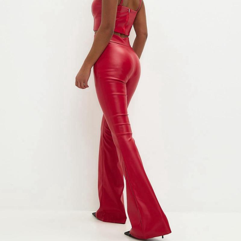 Women's High Waisted Glossy Leather Pants Black Flared Trousers