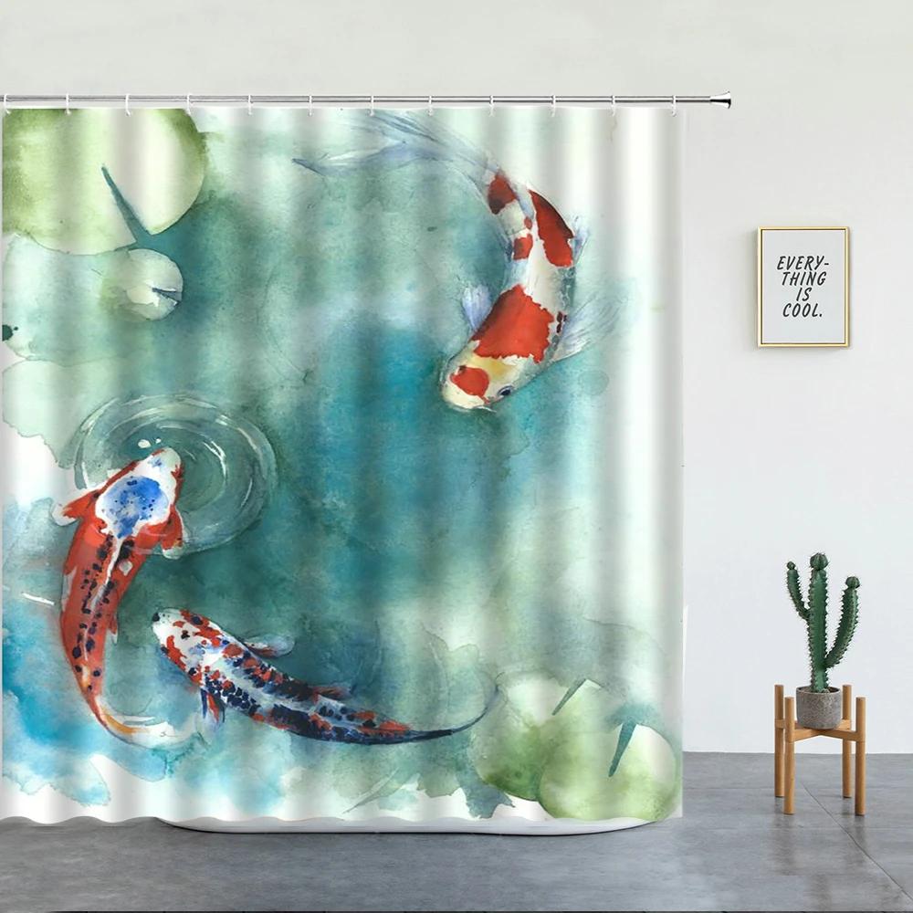 Japanese Scenery Shower Curtains Koi Carp Fish And Cherry Blossom for Bathroom Decor Set Washable Fabric Bath Screen With Hooks