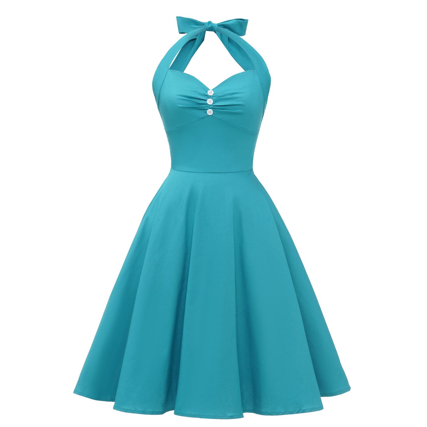 Retro-style pleated halter-neck slimming V-neck backless tie-front orchid blue flared dress – elegant performance attire S синий