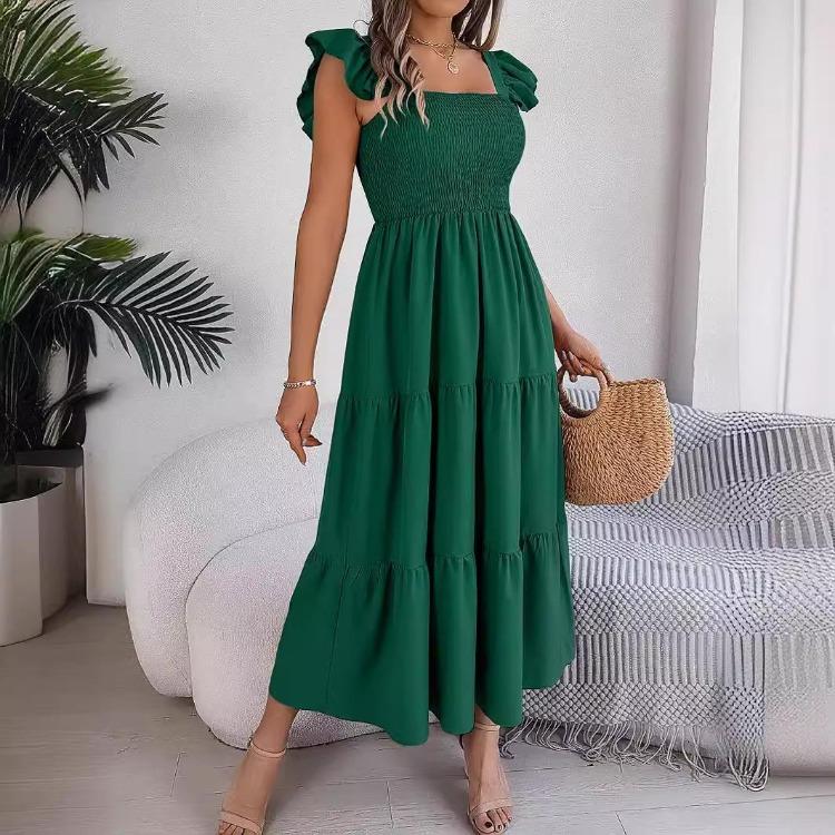 Autumn Winter Women Elegant High Waist Pleated Dress Short Sleeve Solid Color Lace Up Fashion