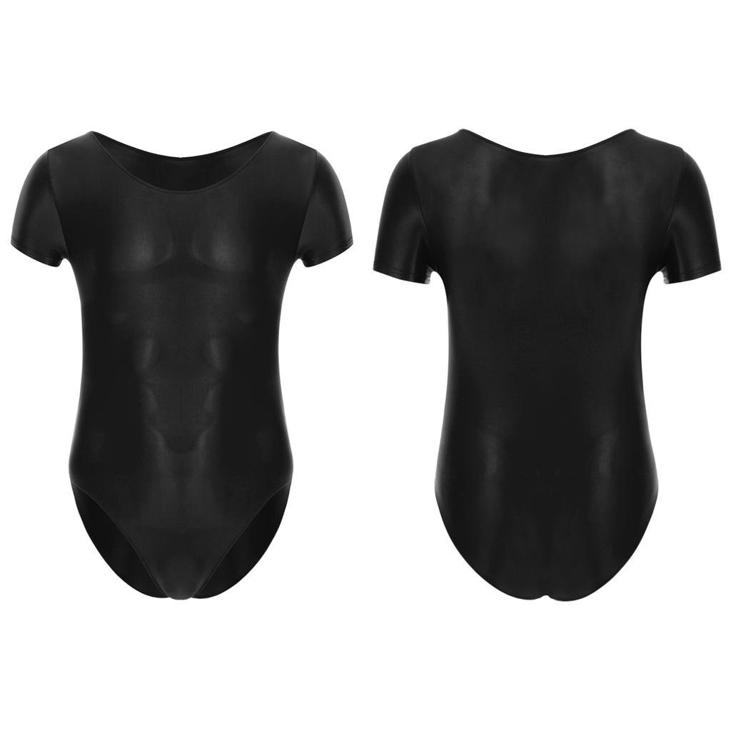 Mens Solid Color Short Sleeve Leotard Glossy Round Neck High Cut Bodysuit Swimwear Sportswear