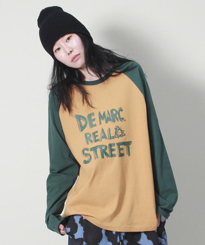 Deumakeu Real Street Color Mix Raglan Long Sleeve T-Shirt Khaki & Mustard