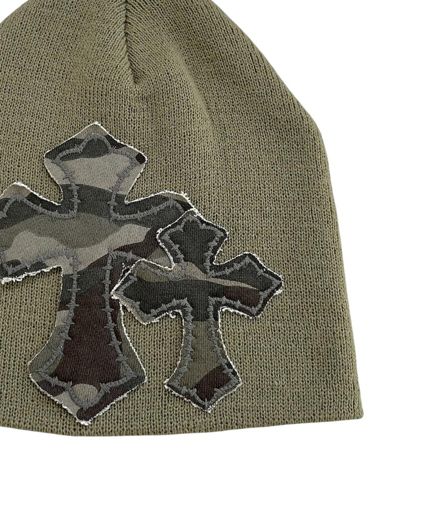 SK8ER ROCK Double Cross Patchwork Beanie ((Light Khaki))