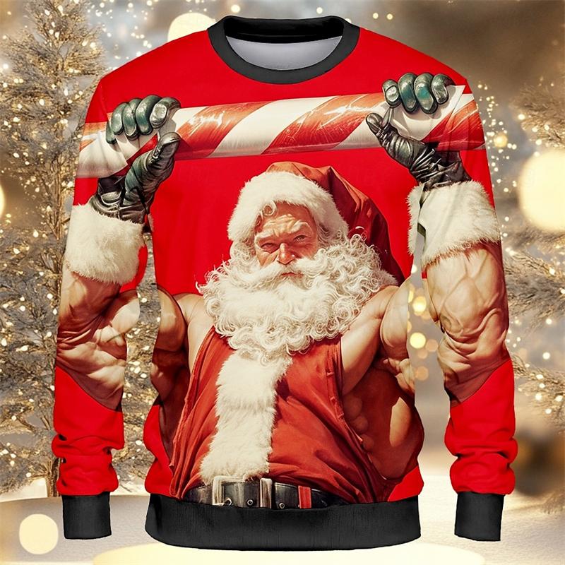 Strong Santa Claus Pattern Sweatshirts Fashion Trend 3D Muscle Printed Crew Neck Hoodie Cool Streetwear Oversized Mens Pullovers