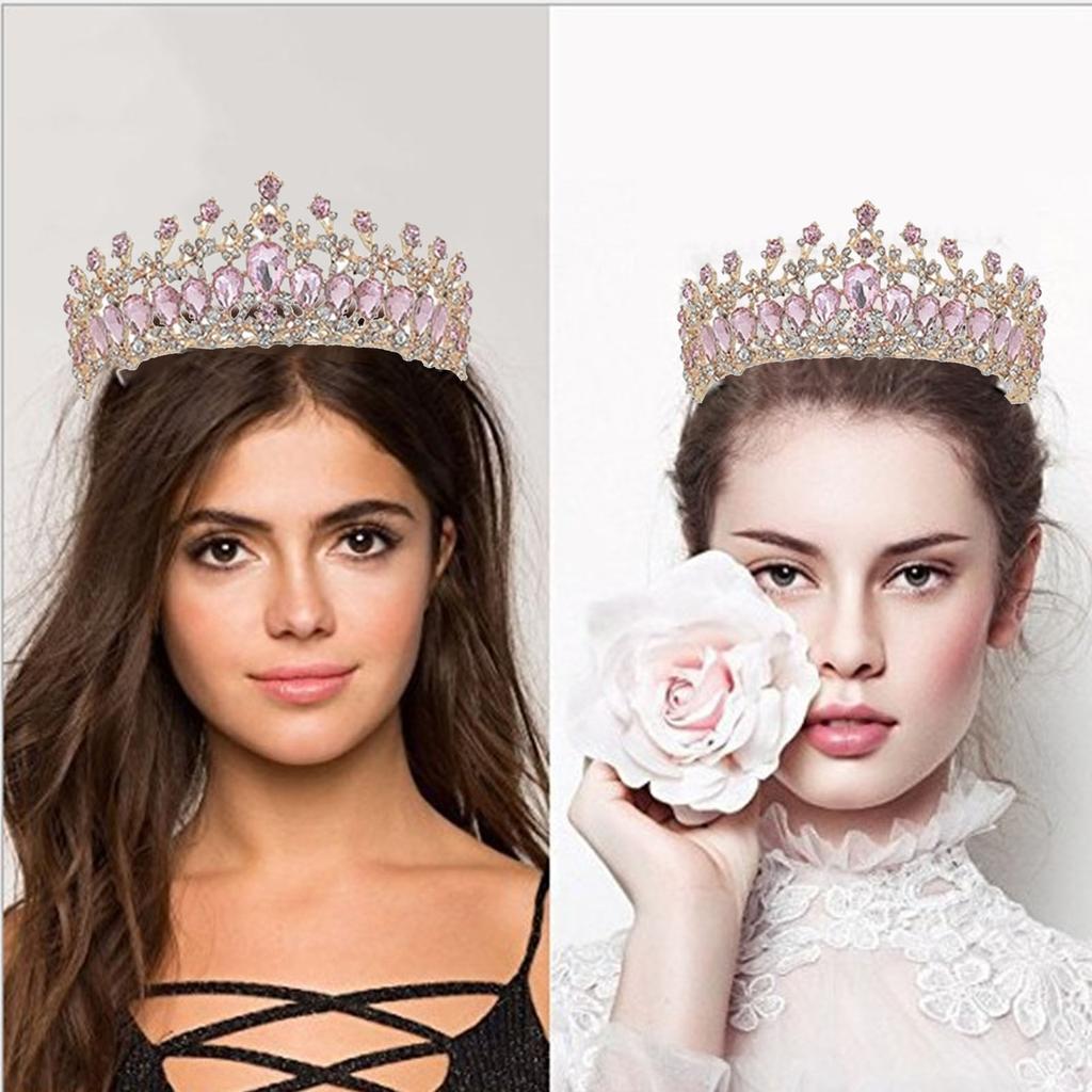 Women Wedding Crown Bride Alloy Rhinestone Crown Hair Accessories for Prom Costume Party Pink and Gold