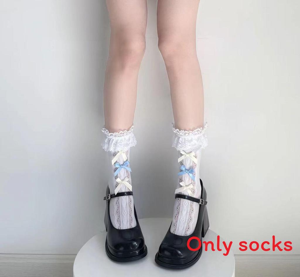 Lolita Cotton Kneehigh Socks With Lace Trim And Pearl Bows For Girls