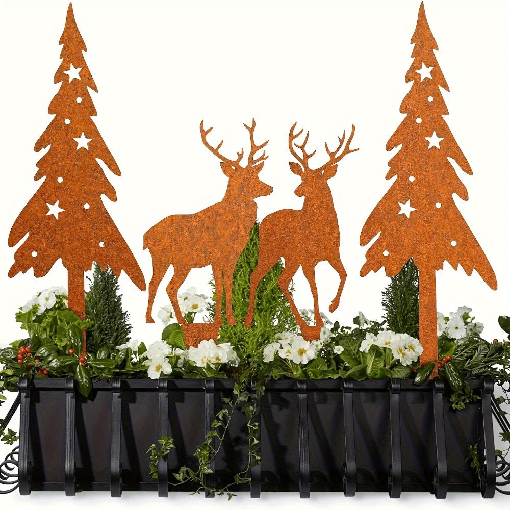Vintage Christmas Garden Stakes Metal Reindeer Tree Set Rustic Holiday Yard Art Animal Theme Outdoor Decoration Wall Sculptures