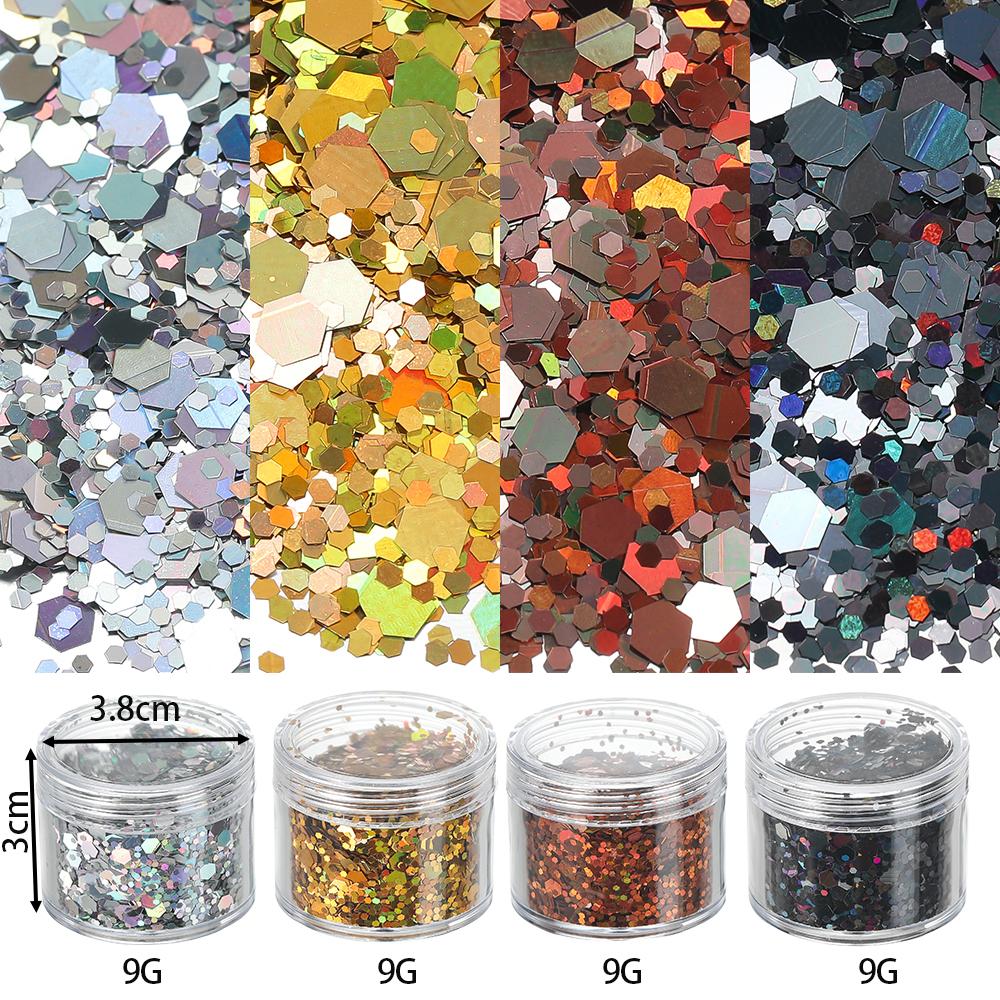 4 Flessen/Set Holografische Zeshoekige Grove Glitter Epoxy Hars Vulvlokken Laser Pailletten voor DIY Epoxy Hars Nagelkunst Vullingen