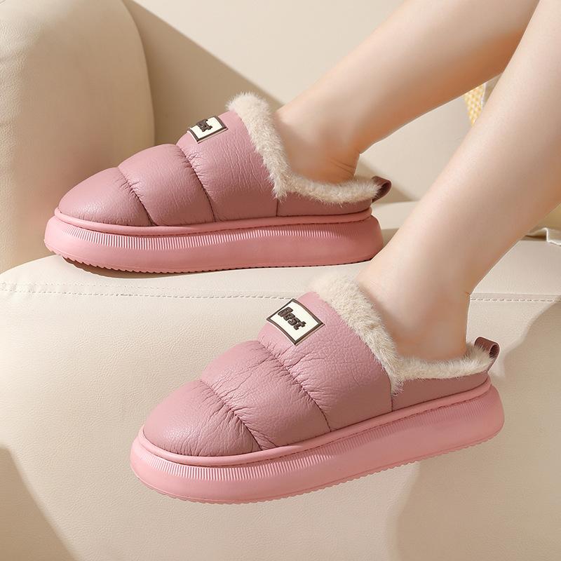 PU leather cotton slippers warm in autumn and winter home EVA thick bottom, non-slip indoor and outdoor wear waterproof velvet cotton mop
