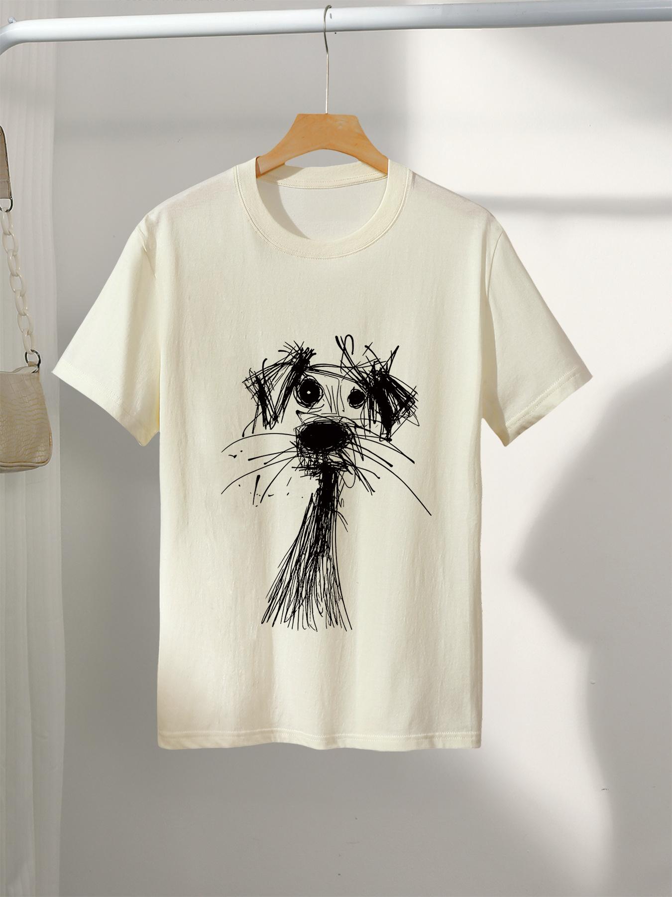 Plus Size Summer Womens Retro Graffiti Dog Lines Print TShirt Cotton Breathable Stylish Versatile Street Style Oversized XL