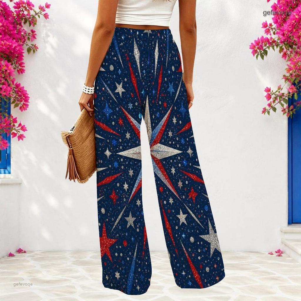 Women Plus Size Loose Wide Leg Full Length White Star Striped Printed Pants