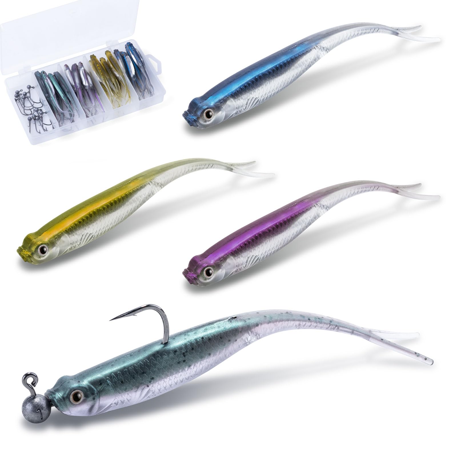 

Goture Drop Shot Soft Lures for Saltwater and Freshwater 4 with 1g Jig Heads Pack of 40 Minnows, Fishing, 1.8g Worm, 7cm/2.75in, Colors, (10 Pieces),