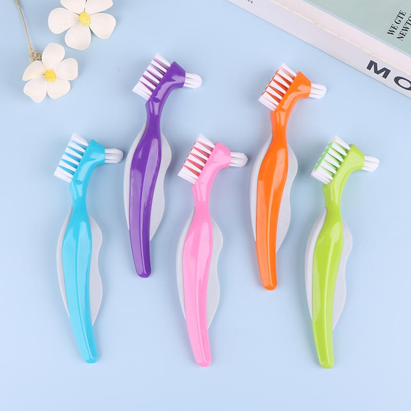 Multi-Layered Bristles Denture Cleaning False Teeth Brush Oral Care Non-Slip Ergonomic Rubber Handle Dual Heads Antibacterial
