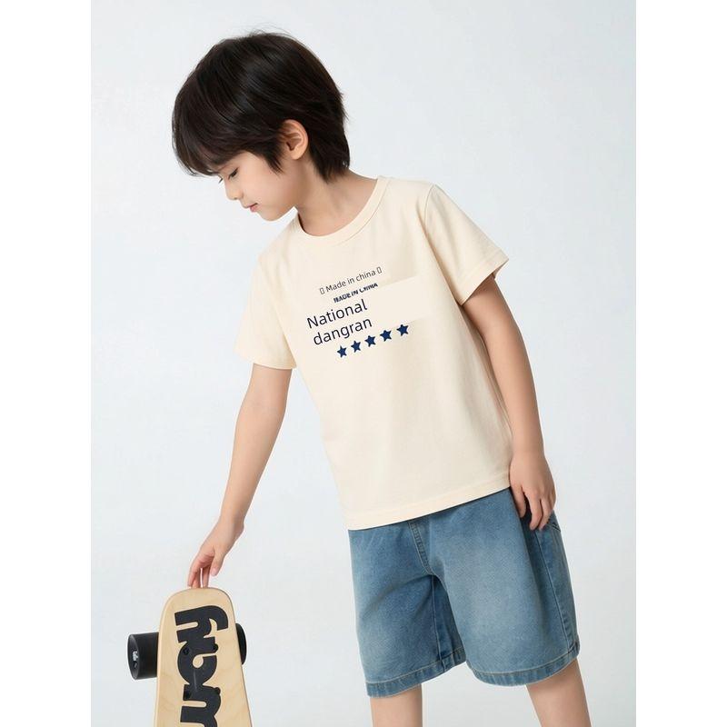 Children's Clothing Summer New Arrivals Girls' Korean Style Chinese Character Print Pure Cotton Short-Sleeved T-Shirt Baby Clothes Chinese Style