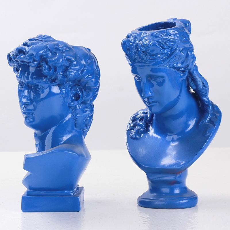 Vaso David in stile europeo, ornamenti da scrivania retrò, composizione floreale per soggiorno, bouquet di fiori secchi, ornamenti scultorei a forma di testa di personaggio nordico