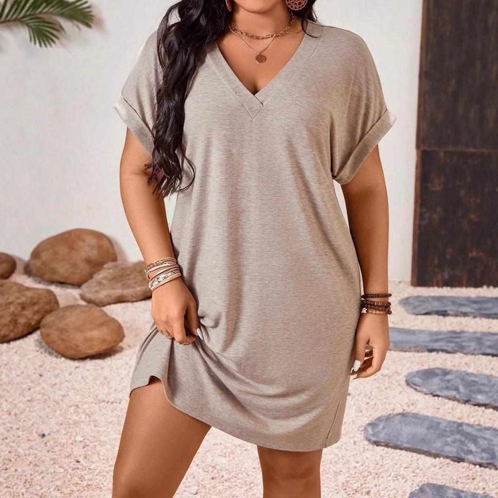 2026 European & American Women's Slim-Fit V-Neck Solid Color Short-Sleeve Dress for Spring/Summer