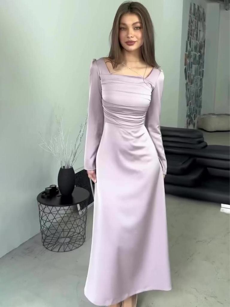 2024 Slim-Fit Sequined Satin Dress: European & American Style, Lace-Up, Long-Sleeved for Spring