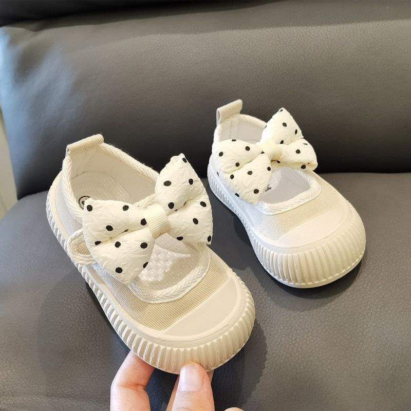 Spring and Autumn Baby Square Mouth Canvas Shoes Polka Dot Bow Girls' Children's Shoes Toddler Shoes Soft Sole Princess Shoes Anti-kick