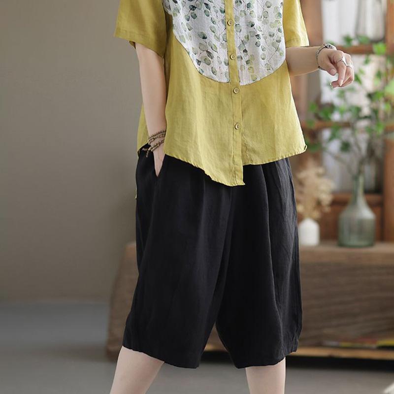 Cotton Short Pants Women's Summer Versatile Wide-legged Pants Comfortable Cotton Linen Pants Elastic Waist Chinese Pants