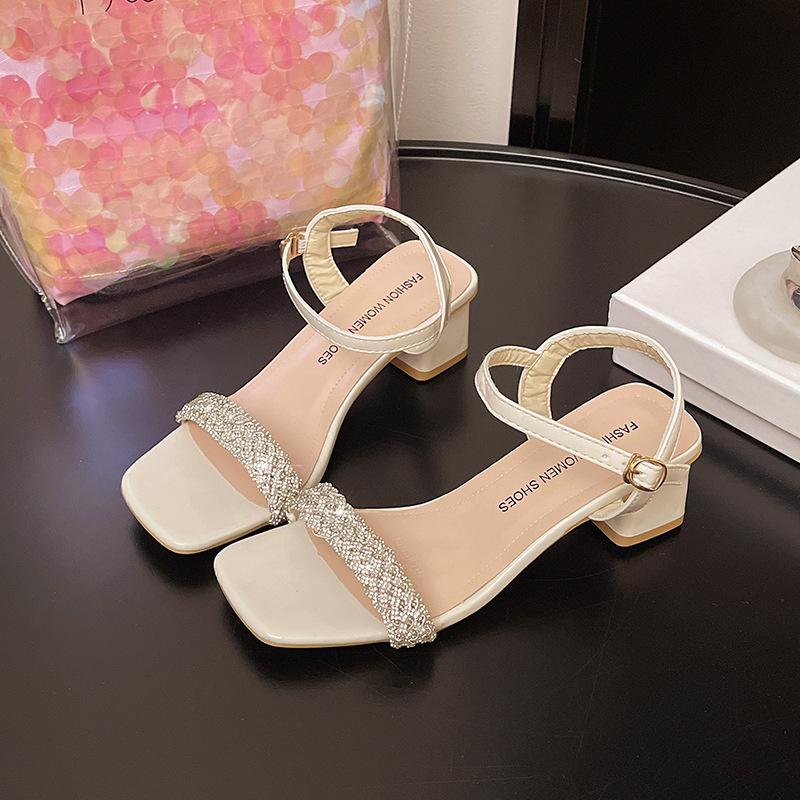 Fairy Feng Shui Diamond Coarse Heel Sandals Women's Summer 2025 New Versatile One-word Belt Temperament Medium Heel French Women's Sandals