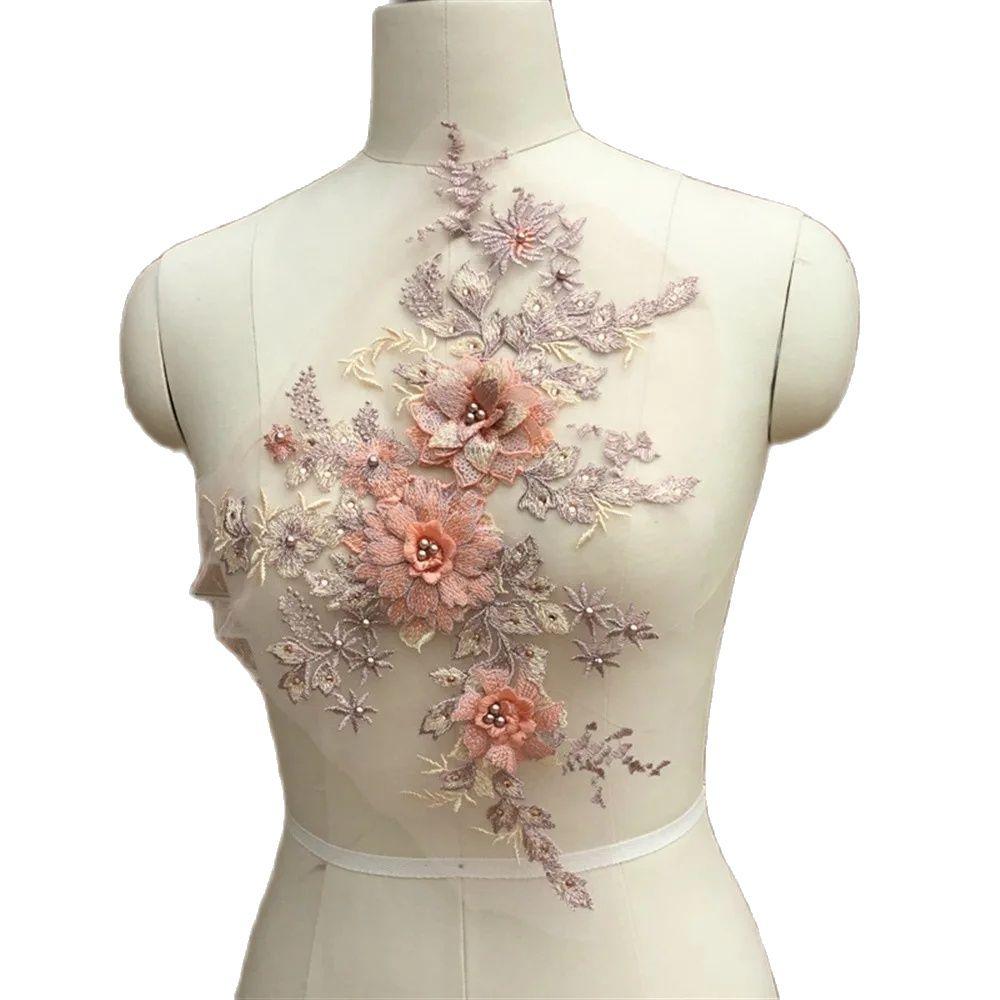3D Flower Embroidered Lace Applique Sewing Flower Fabric Collar Patch For Wedding Party Gown Bridal Dress Clothes DIY Crafts