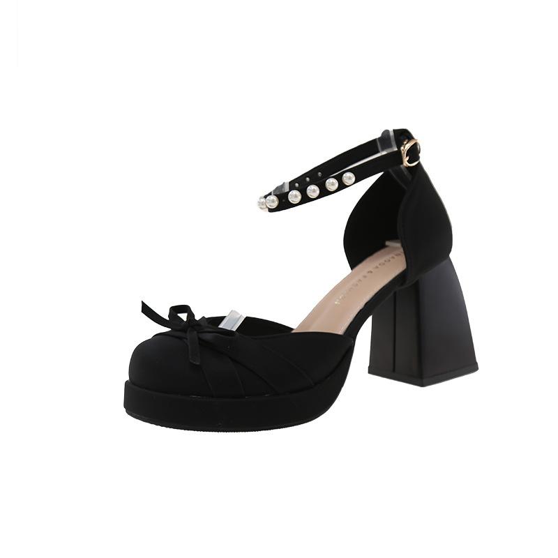 Französische Sandalen mit dickem Absatz und Schleife Damen 2025 Sommer kleiner quadratischer Kopf Schleife Tasche Kopf superhohe Absatzsandalen Damen