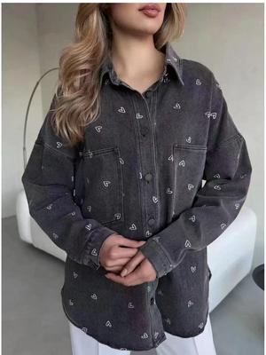 2025 European & American Style Plus Size Women's Retro Heart Print Denim Shirt Jacket